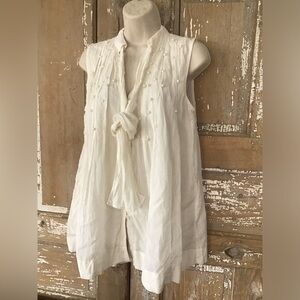 NWT Anthropologie Feather Bone Women's XS Leonie Pearl Trim Tie-Neck Top Ivory